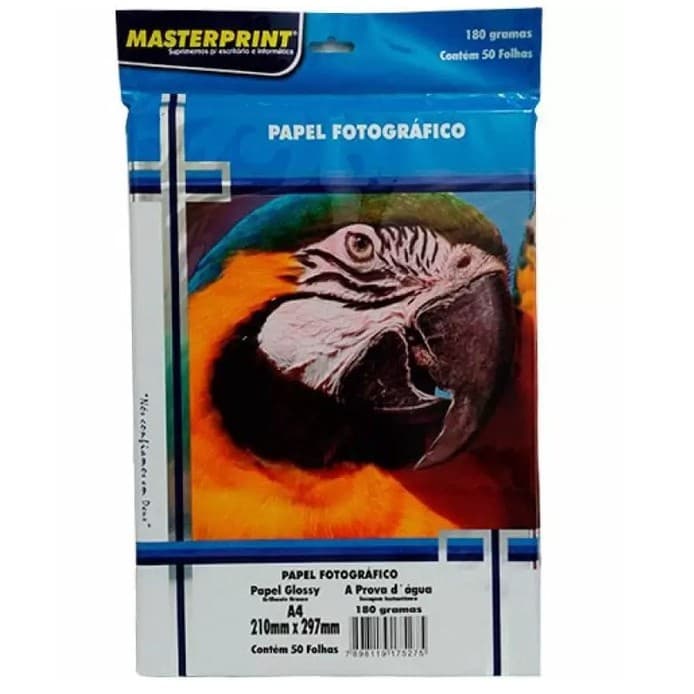 50 folhas Papel Fotográfico Glossy 180G A4 Branco Brilhante Resistente a água Master Print