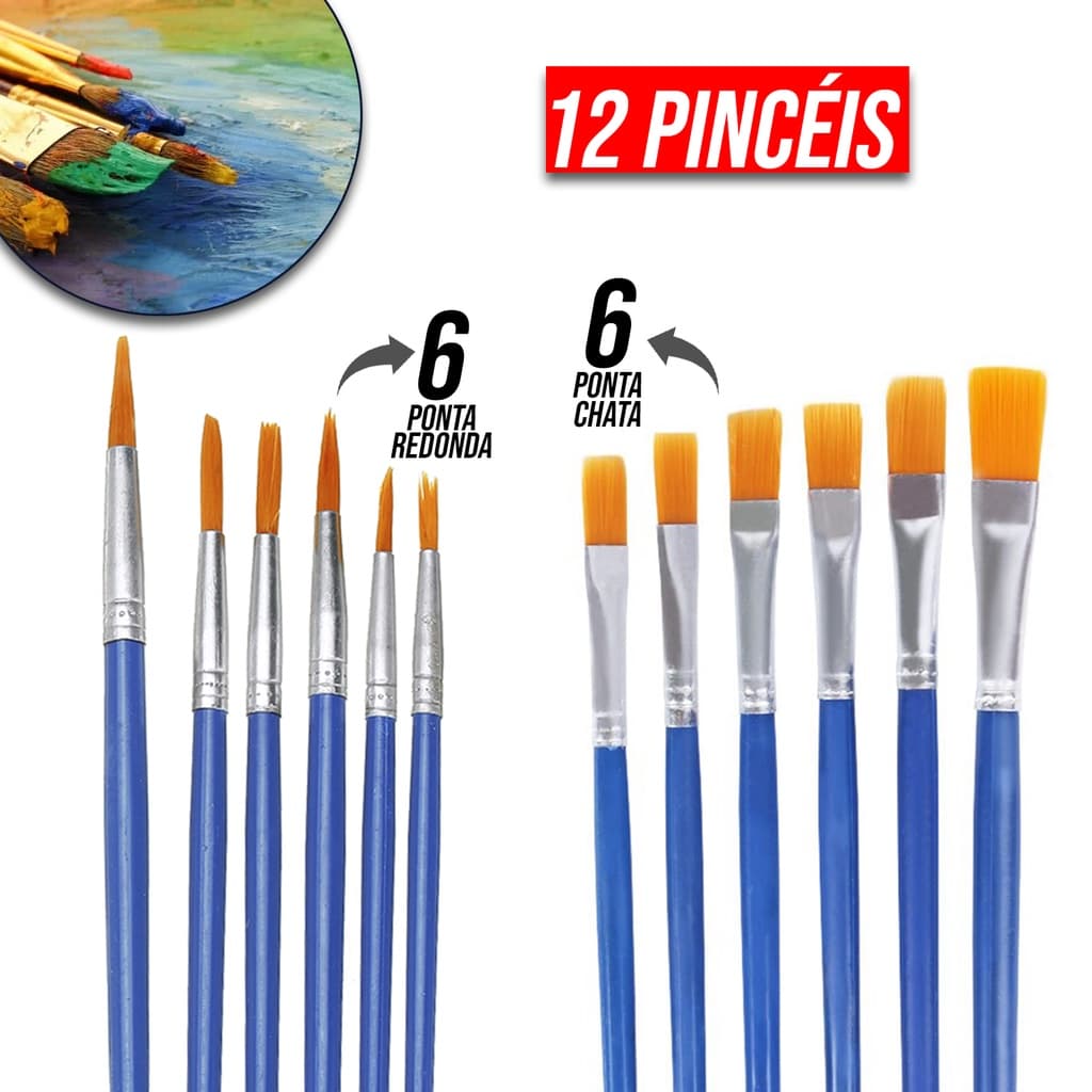 Kit 12 Pincéis Para Pintura Artesanato Artes Pintura de Rosto Ponta Fina Redonda e Chato