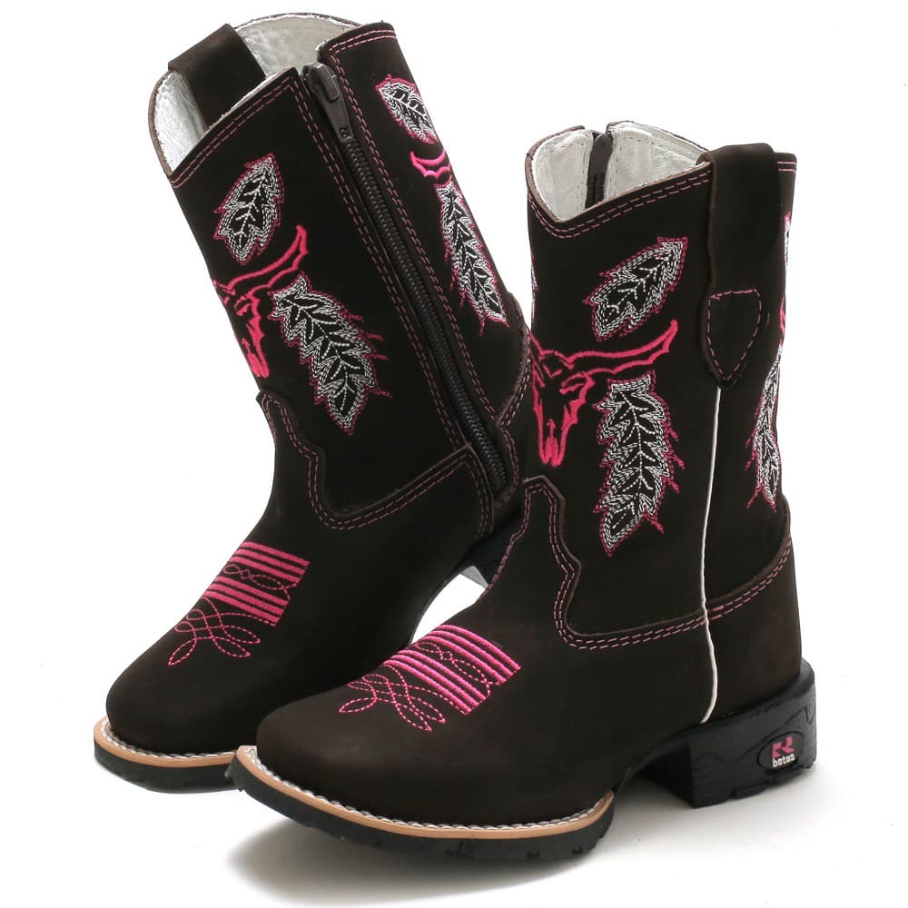 Bota Infantil Feminina RR Botas Texana Country em Couro Com Bordado Bico Quadrado
