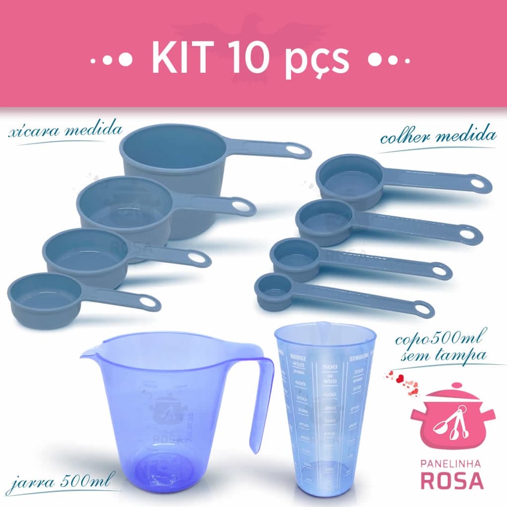 medidores kit 10 peças jarra de 500 ml copo de 500 ml  xicara e colher na cor azul cozinha