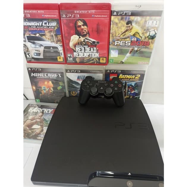 ps3 slim , jogos , controle, gta 5 , red dead , fifa , pes , minecraft
