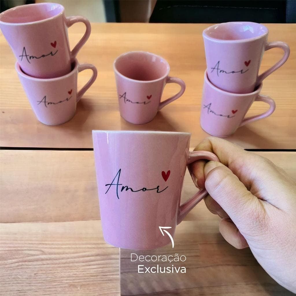 Kit Jogo 6 Xicaras canecas Porcelana Café Chá Decorada Rosa Amor Spot