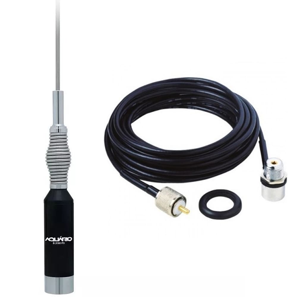 Antena Móvel Px Mola Inox 1,23 metros B-2080 + Cabo Coaxial RG58 com Conectores 5,5 metros M-802K