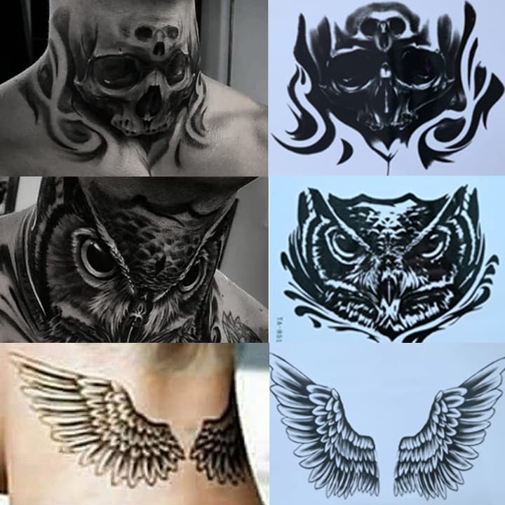 Tatuagem Temporária | Unisex | Realismo | Caveira | Trevas | Coruja | Asas | Justin | BB | Realistas l Pescoço