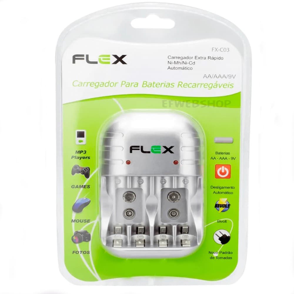 Carregador Flex de Pilhas e Baterias 9v C03 NFe AA AAA Desligamento Automático Led Bivolt Inmetro NF