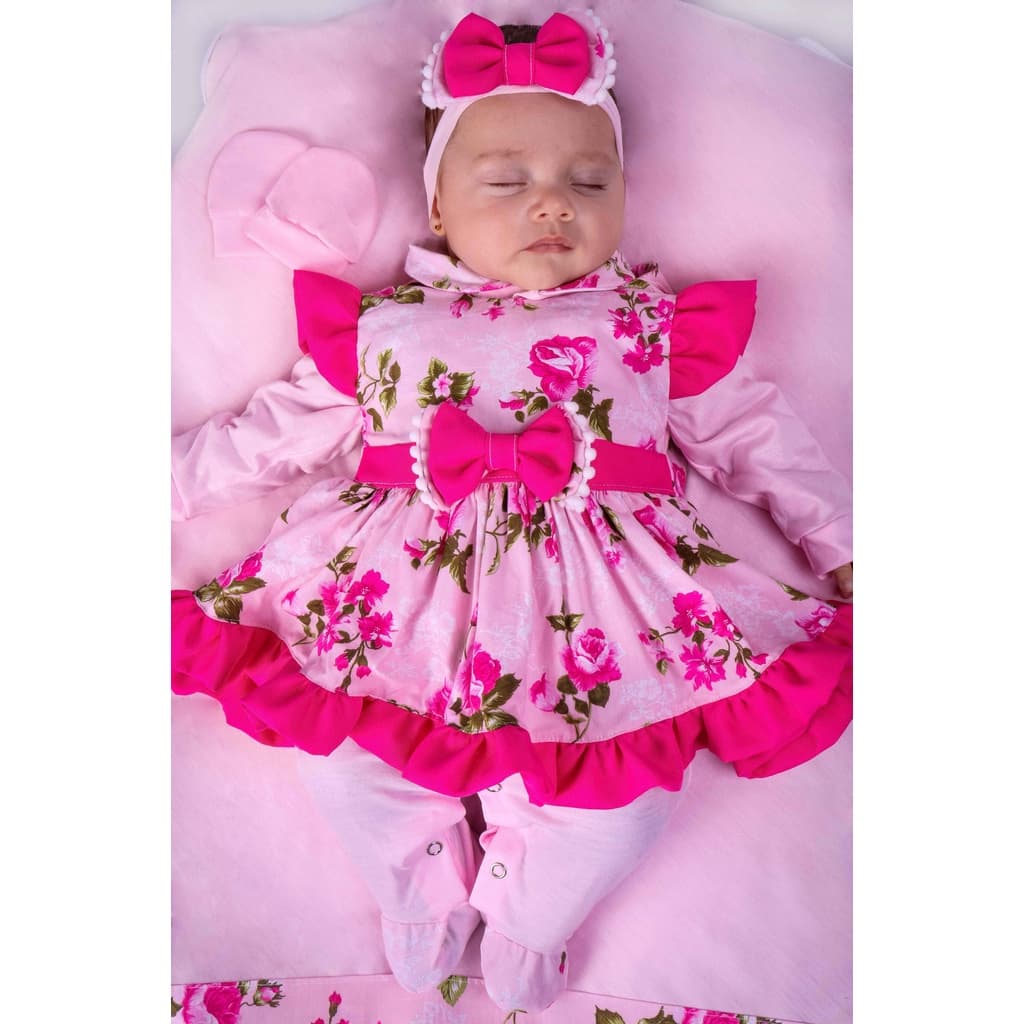 Saída Maternidade Menina Pompom Vermelha Floral 05 peças Roupa de Bebê Menina