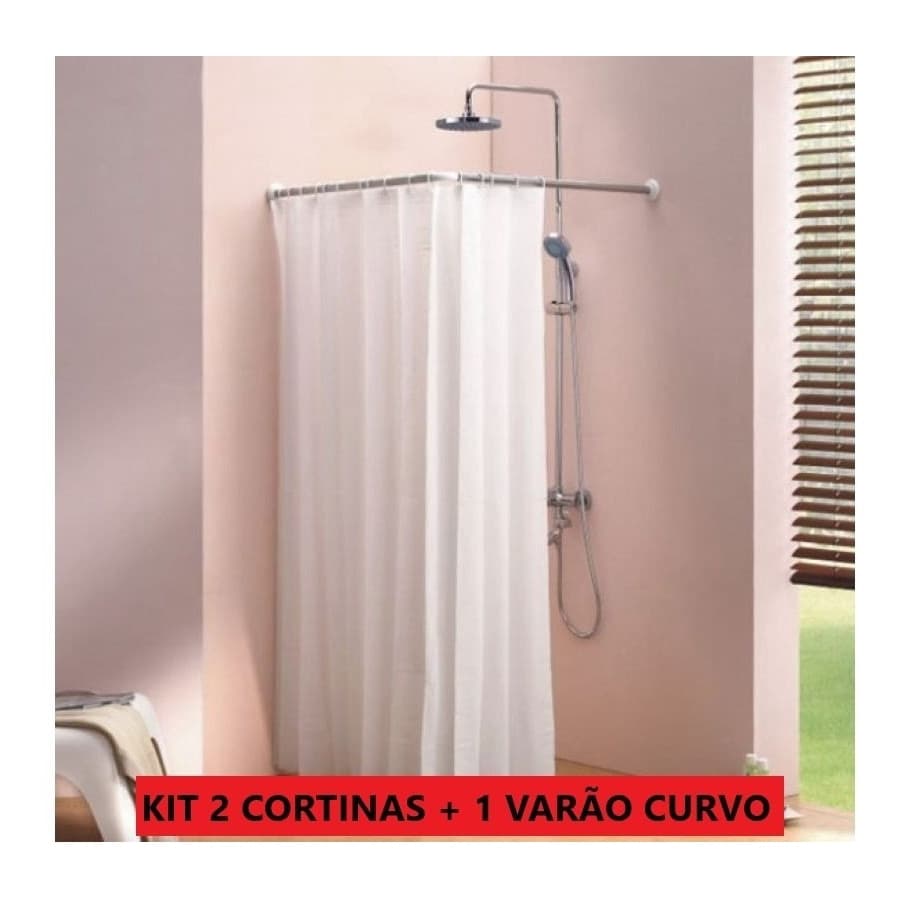 Kit 2 Cortinas + 1 Varao Box Provador Curvo Em L 1x1 Metro