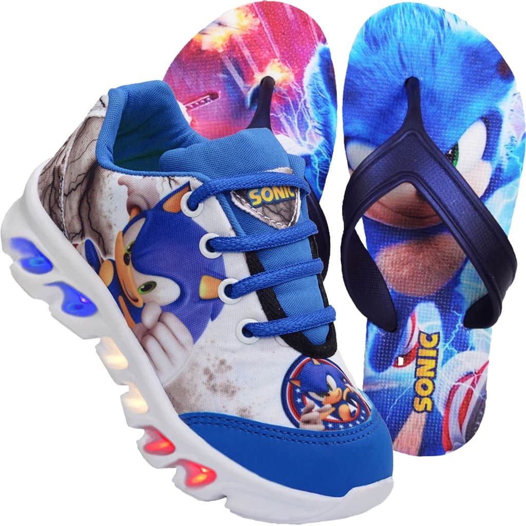 Tenis Infantil Do Sonic Com Led Que Pisca + Chinelo Promoção