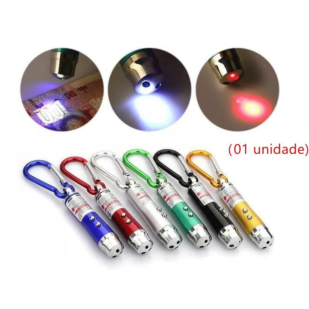 Kit 1 / 2 / 3 / 4 / 5 Chaveiro Laser Vermelho Lanterna Luz UV Branca 3 Em 1 Mosquetão Detecta Nota Brincar Gato