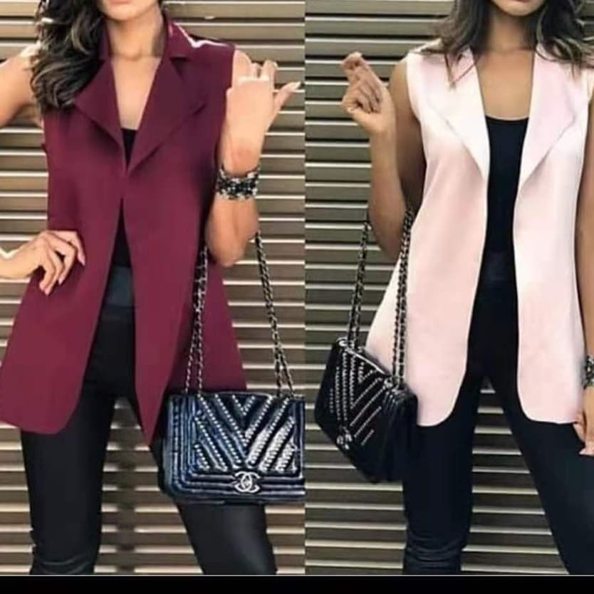 Colete Feminino Longo De Neoprene Moda Com Bolso Falso！