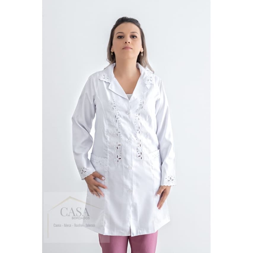 Jaleco Feminino Branco Bordado Tecido Microfibra 923