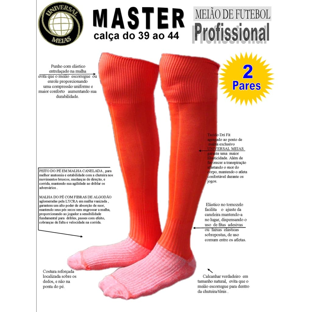 KIT c/ 2 Pares de Meião de Futebol LARANJA Fluorescente - Profissional Universal Meias - Adulto - Juvenil - Infantil
