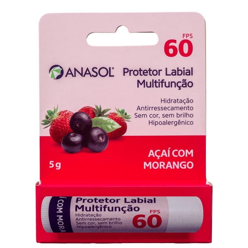 Protetor Solar Labial Anasol com Hidratante Labial Açaí com Morango 5g FPS 60 - Translúcido