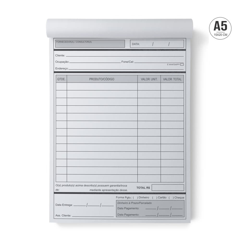 Bloco Autocopiativo A5 Pedidos Roupas / Cosméticos / Produtos / Lingerie / Papelaria / Perfumaria