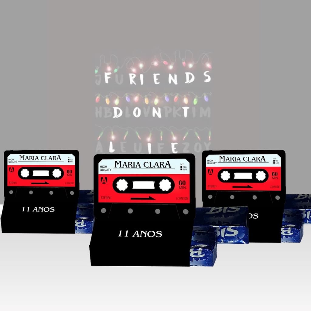 10 Caixinhas Porta Chocolate Duplo Fita K7 Retro Stranger Personalizadas com nome e idade