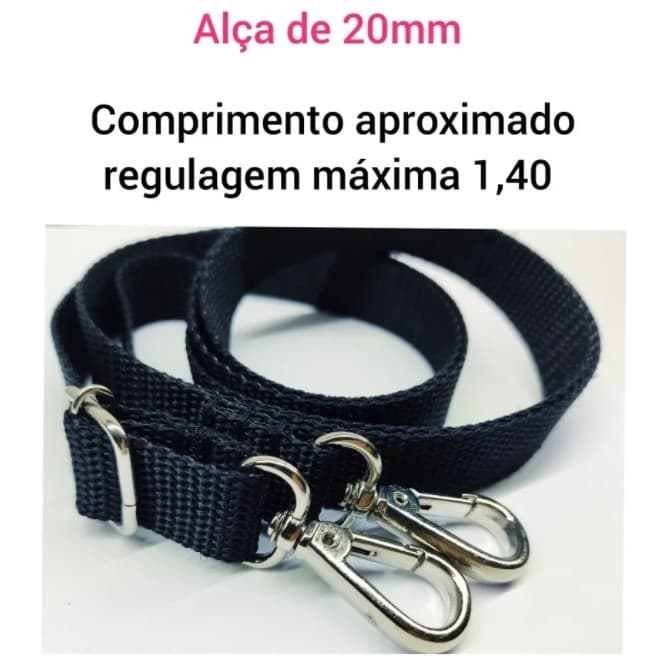 1 alça de polipropileno na cor preto largura 2cm comprimento aprox 140cm com 2 fechos mosquetões niquelado de 20mm