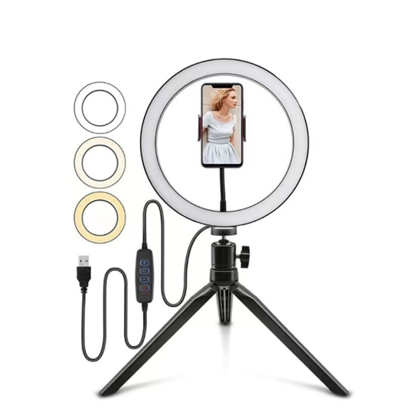Anel Ring Light 8 Pol + Tripé De Mesa + Suporte Cel Video