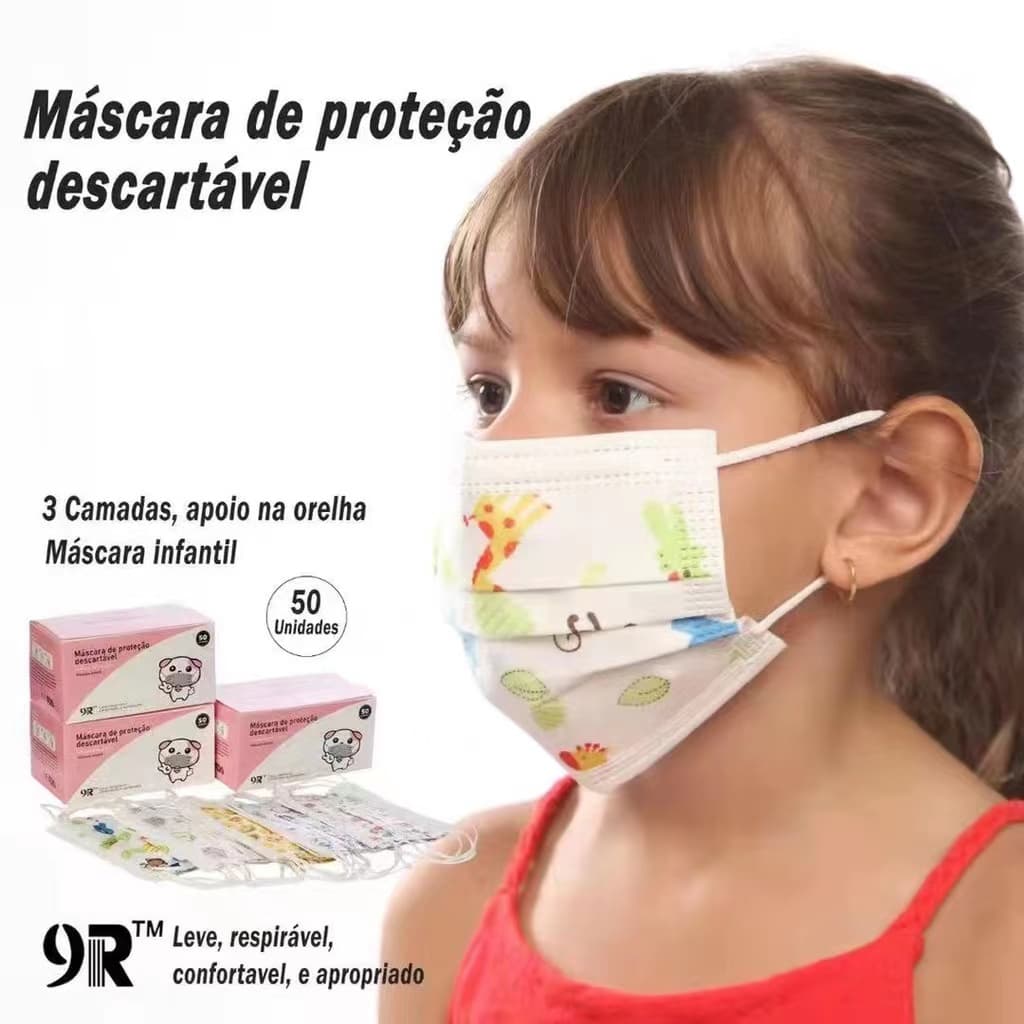 Máscara protetora descartável infantil de três camadas . | Caixa com 50 unidades