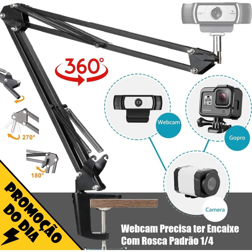 Braço Pedestal Articulado de Mesa Suporte Para Webcam Câmera Iluminação 1/4 Escritório Estúdio Video Chamada Conferência