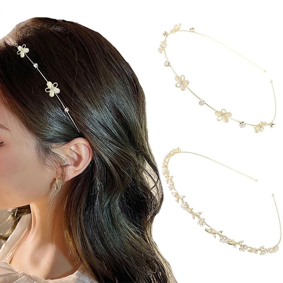 Coreano Metal Pérola Strass Bandana Flor Cristal Feminino Ouro Fino Faixa De Cabelo Meninas Acessórios Para O
