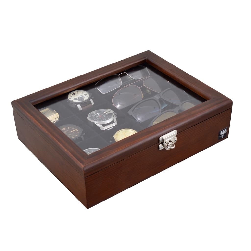 Estojo Porta 6 Relógios E 4 Óculos Madeira Maciça