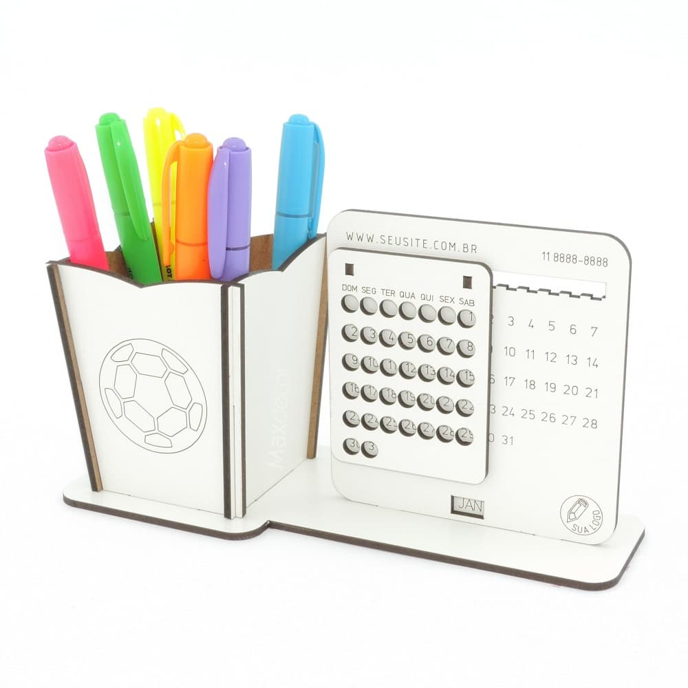 5 Calendário Infinito e Porta Lápis Personalizado Mdf - Bola de Futebol