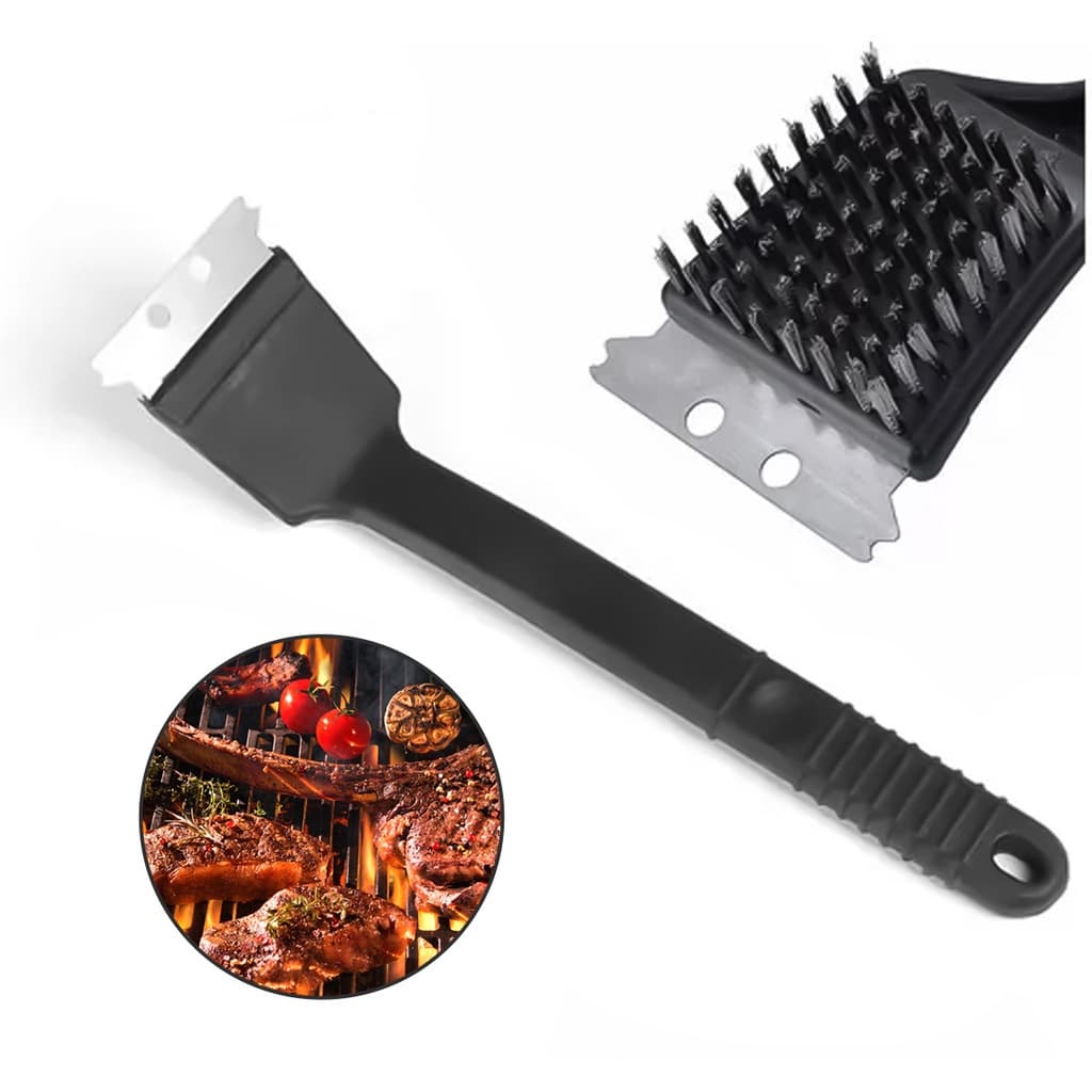 Escova 2 em 1 Limpa Grelha Churrasqueira Chapas Cerdas de Aço + Espátula Aço Inox