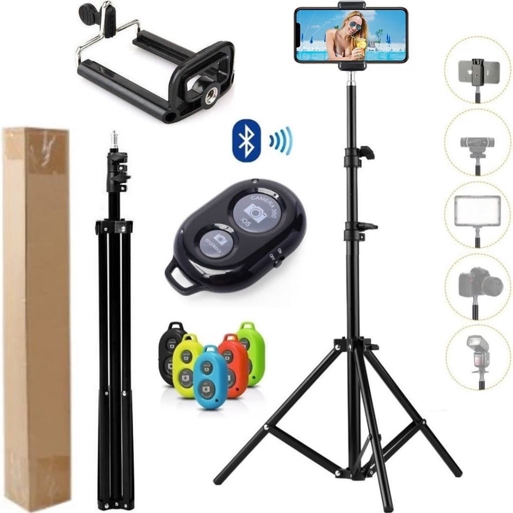 Tripé Pedestal 2,10m Suporte Celular + Controle Bluetooth Foto Vídeo Luz Câmera Estúdio