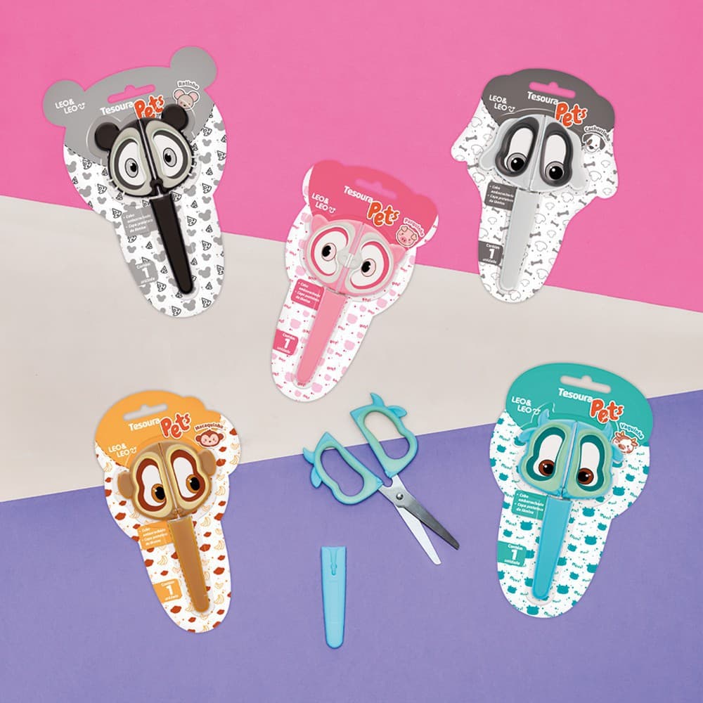 Tesoura Escolar Pets Leonora Leo&Leo Inox 13,3cm Cachorro Cachorrinho Ratinho Macaquinho Porquinho Vaquinha