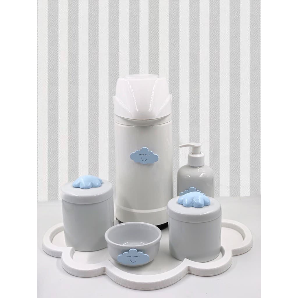 Kit Higiene Bebê Porcelana Nuvem Azul Rosa Prata Marinho Garrafa 1L 6 Peças