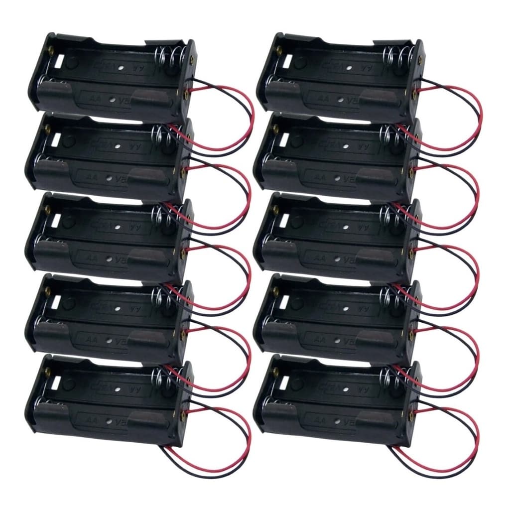 Suporte Porta 2 Pilhas AA 1,5V Cor Preto Com Rabicho - 2 Slots KIT com 10 Peças Para Projetos