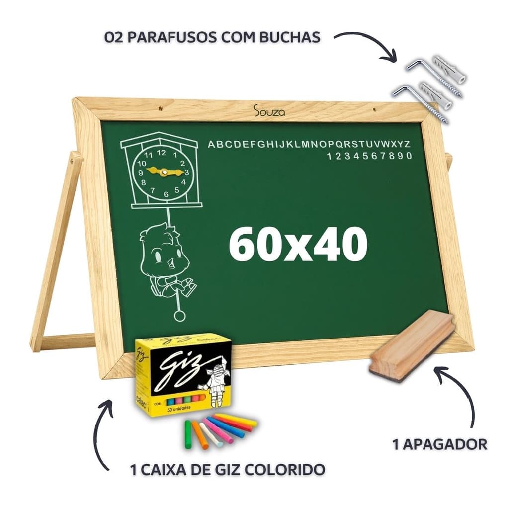 Lousa Quadro Infantil Pedagógico Apoio 60x40 Apagador Giz