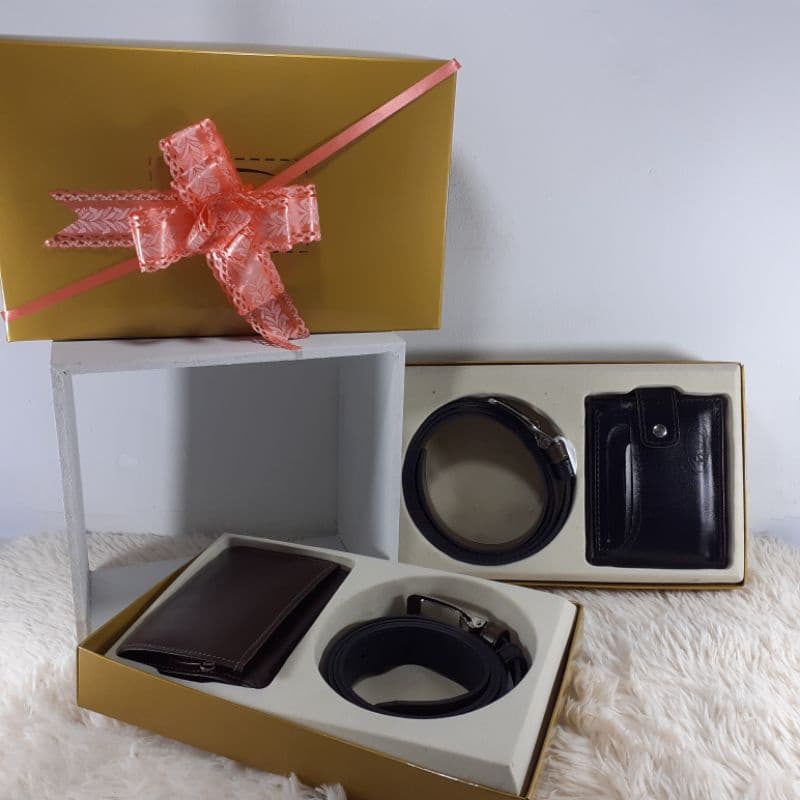 Kit carteira masculino + cinto com caixa de presente couro sintético grande
