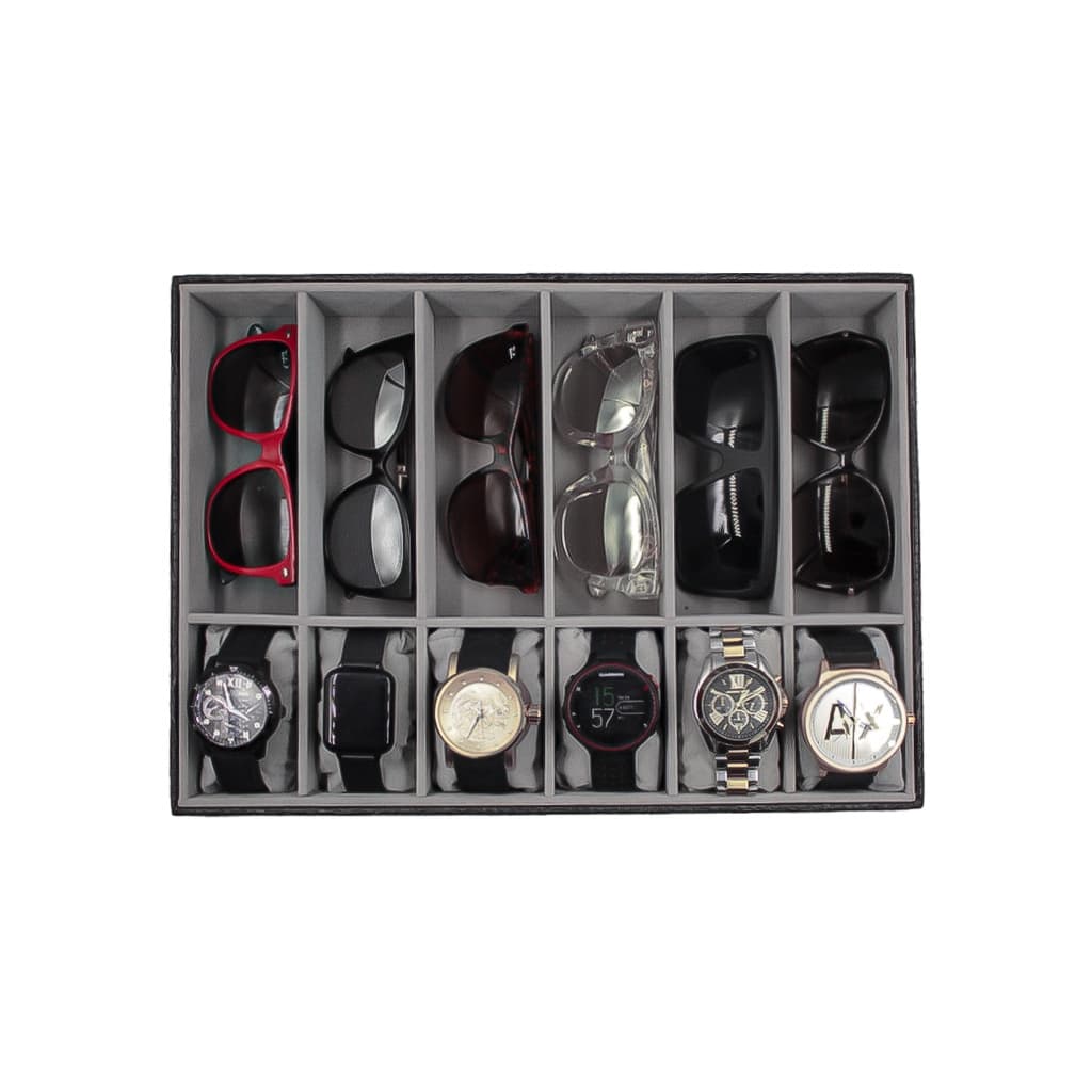 Bandeja Para Organizar 6 Óculos E 6 Relógios Closet Gaveta Preto Com Interno Cinza
