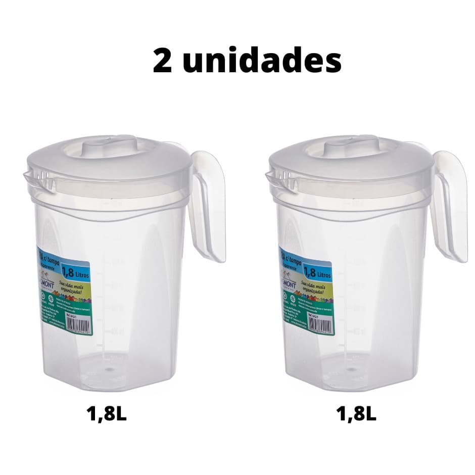 Kit 2 Jarras Plástica Transparente 1,8 Litros Com Tampa Alça Grande Festa Evento Buffet Escola