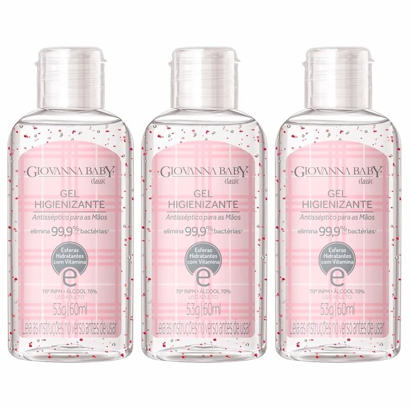 Kit 3 Giovanna Baby Classic Álcool Em Gel Higienizante Antisséptico 60ml
