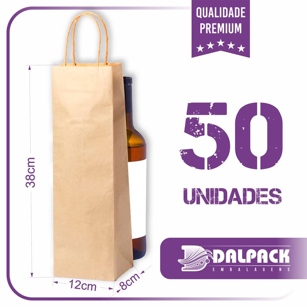 Sacolas Kraft Para Bebidas - Lisa - 50 Unidades - Medida (12x8x38)