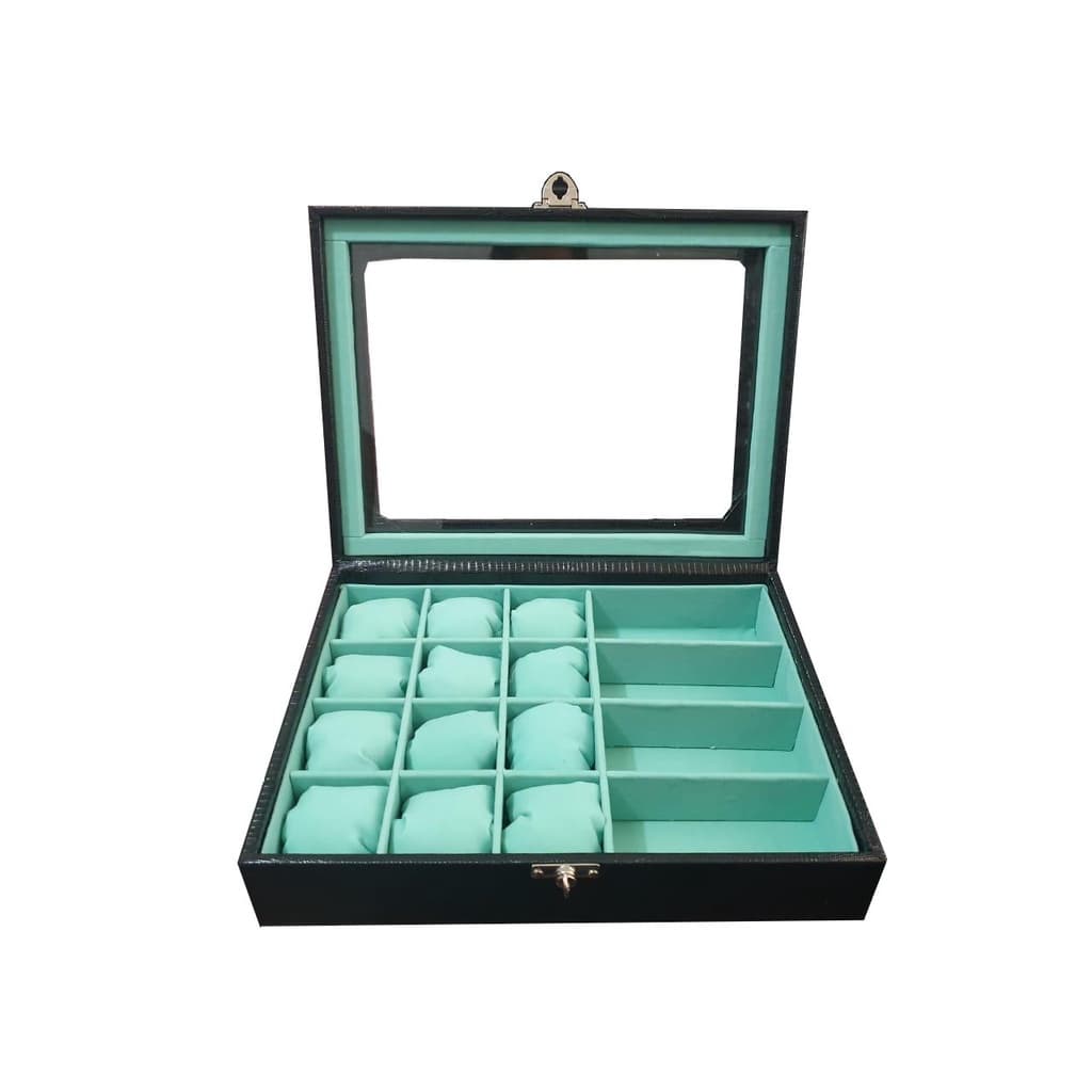 Estojo Porta 12 Relógios e 4 óculos com Visor de Vidro.