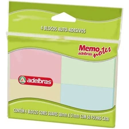 Bloco Adesivo Adelbras 38X51mm Cores Suaves C/4 Unidades De 50fls
