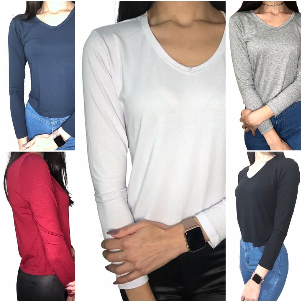 Camisa Manga Longa Feminina Gola V Várias Cores Azul Marinho