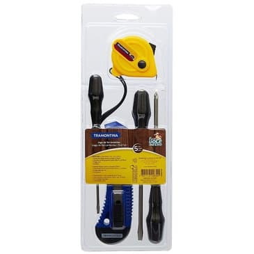 Jogo de Ferramentas Tramontina 5 Peças com Trena Estilete e Chaves de Fenda para Uso Doméstico KIt com 3 chves de fenda um estilete e uma trena 2m Peças