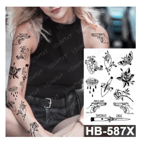 10 Tatuagens Temporária Arma Faca Coração Removível 21x14.8cm Pronta Entrega - HB-587X