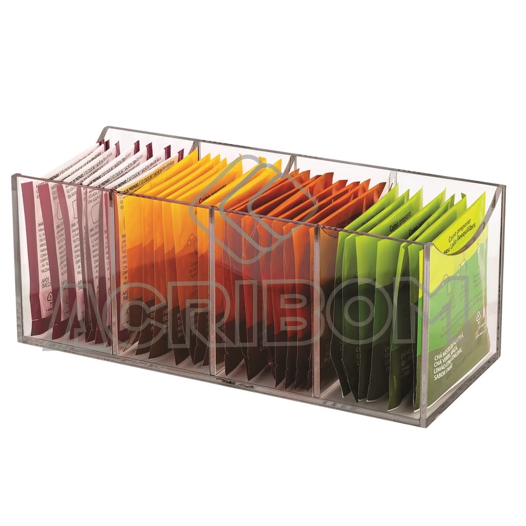 Caixa Porta Chá Organizador de Sachês Com Divisórias 4 Compartimentos Sem Tampa em Acrílico Cristal Transparente - Acribom