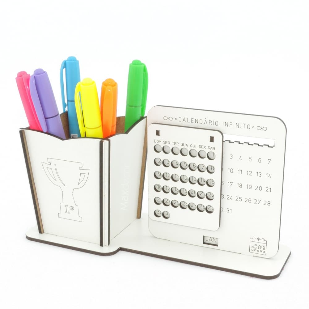 5 Calendário Infinito e Porta Lápis Personalizado Mdf - Taça Futebol