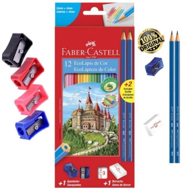 Caixa de lápis de cor com 12 cores faber-castell + dois lapis pretos+ borracha+ apontador/ kit Escolar