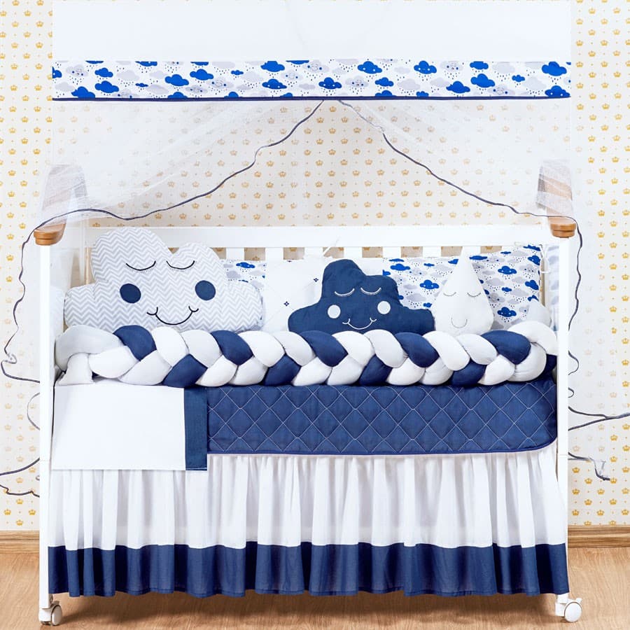 Kit Protetor Berço Nuvem Trança Americana 11 Peças Marinho