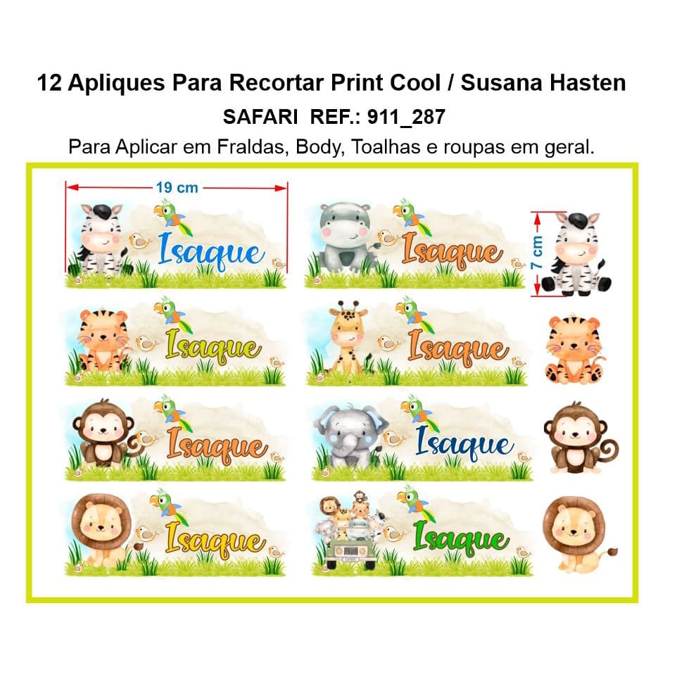 12 Apliques Safari Bebê Menino _Termocolante _Para Fraldas_Roupas Ref.: 911_287