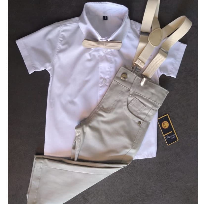 Conjunto batizado menino roupa social infantil camisa manga curta criança calça sarja bege suspensório gravata trajes