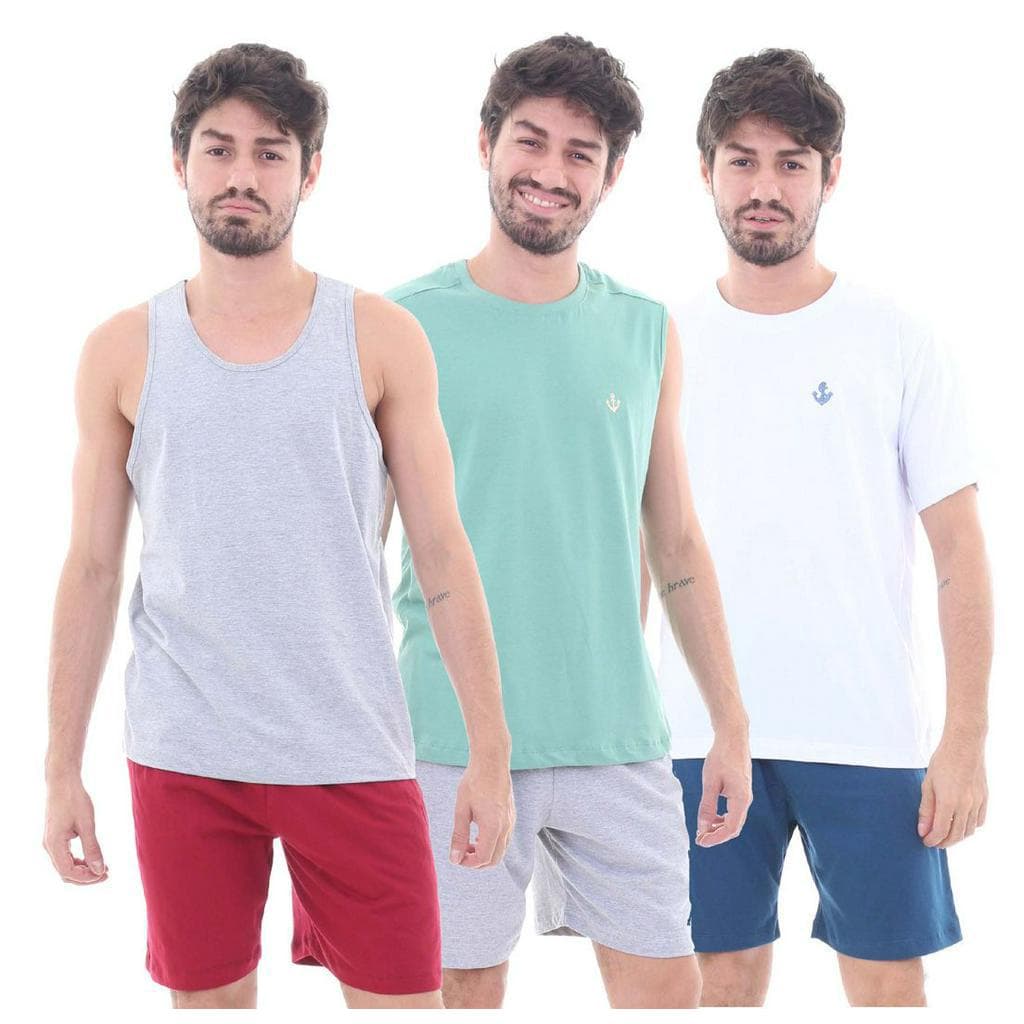 Kit 3 Pijamas Algodão Curto Masculino Mechler 001
