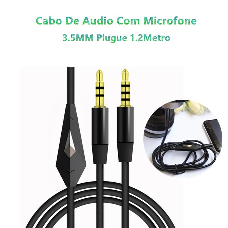 Cabo Da Verde Auxiliar de Audio Com Microfone Stereo P2 X P2 Conector 3.5mm 1.2 Metros YPX-3.5-3.5-M2